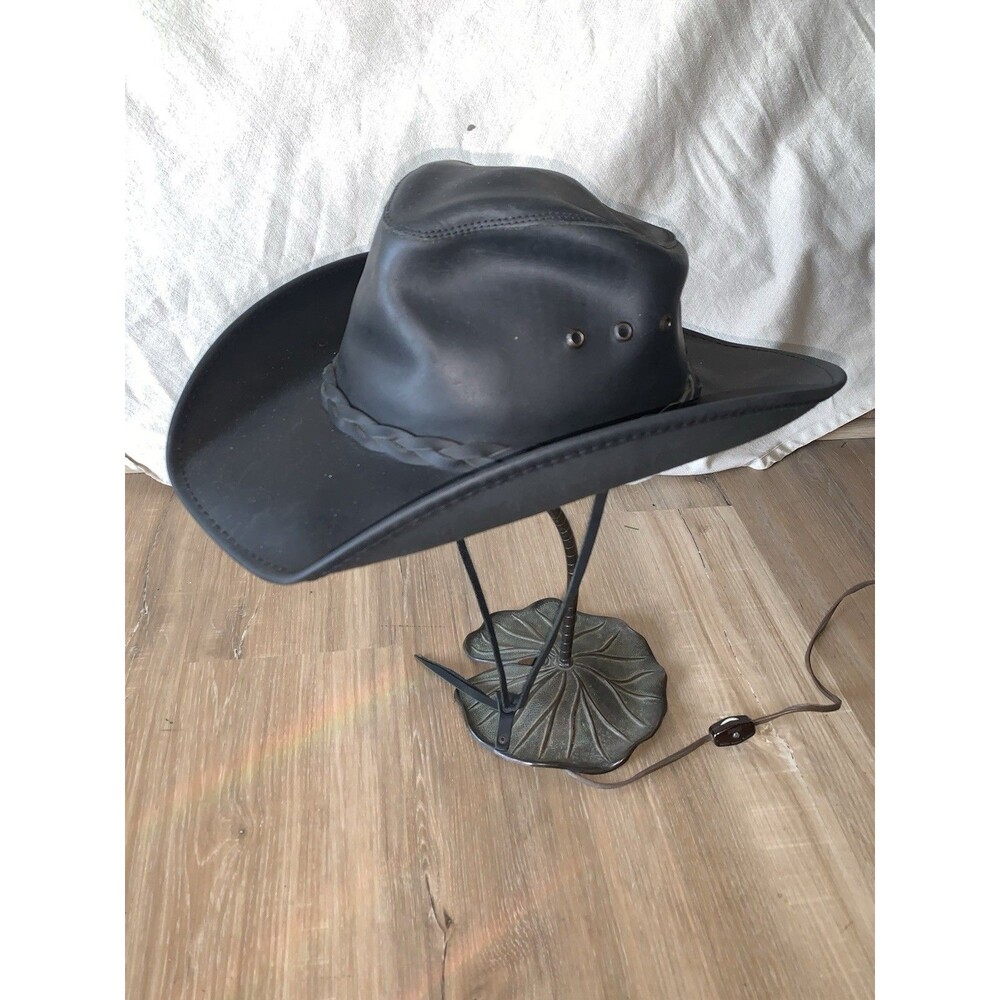 American Hat Makers Hollywood Cowboy Black Leather Hat Size MED  EUC